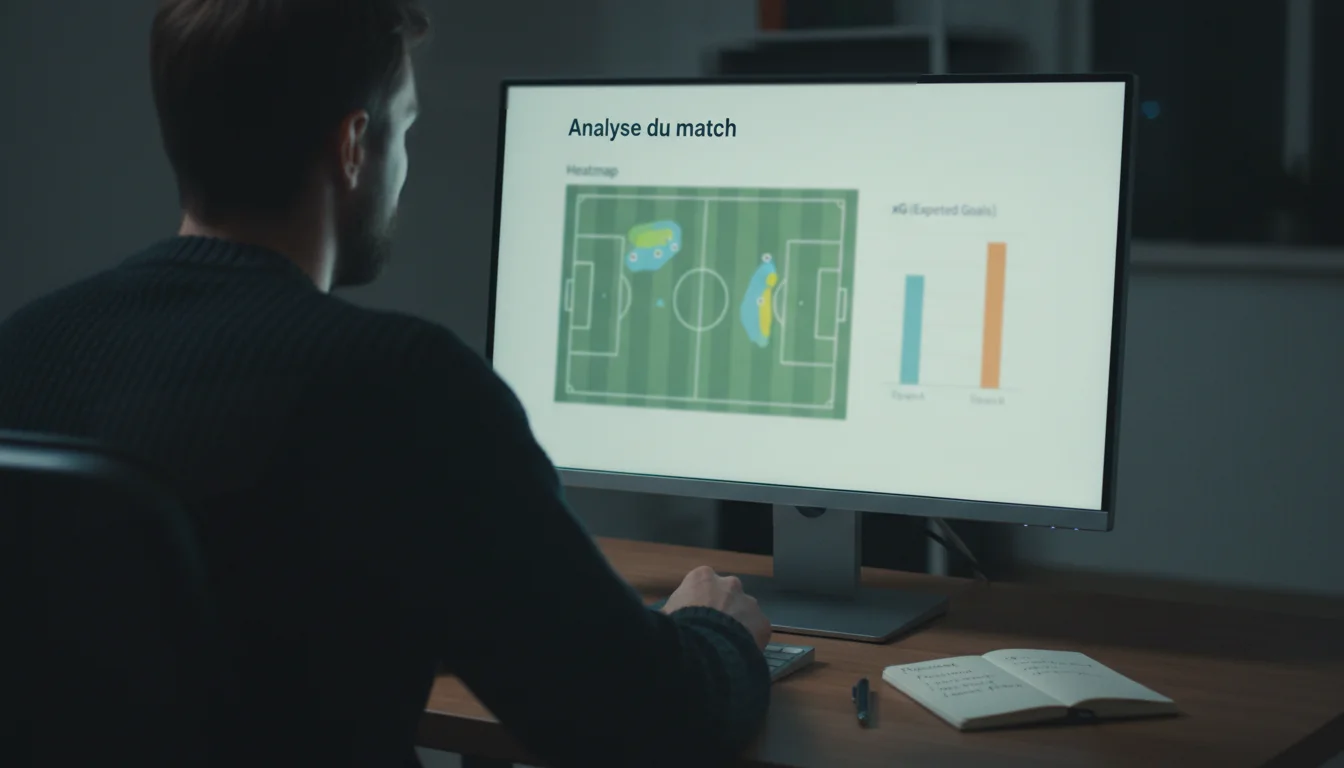 Analyste étudiant des statistiques de match de football xG sur un écran avec un bloc-notes