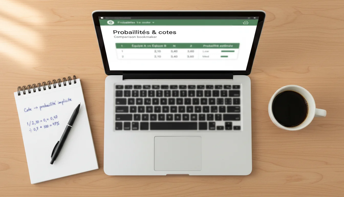 Écran d'ordinateur affichant des cotes de paris football avec un carnet d'analyse ouvert à côté