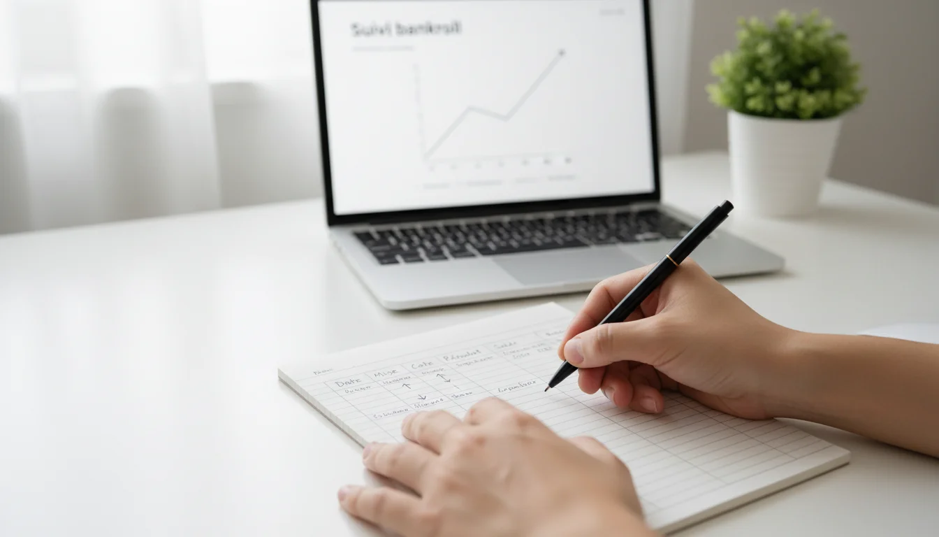 Personne notant des calculs de gestion de bankroll dans un carnet à côté d'un ordinateur portable