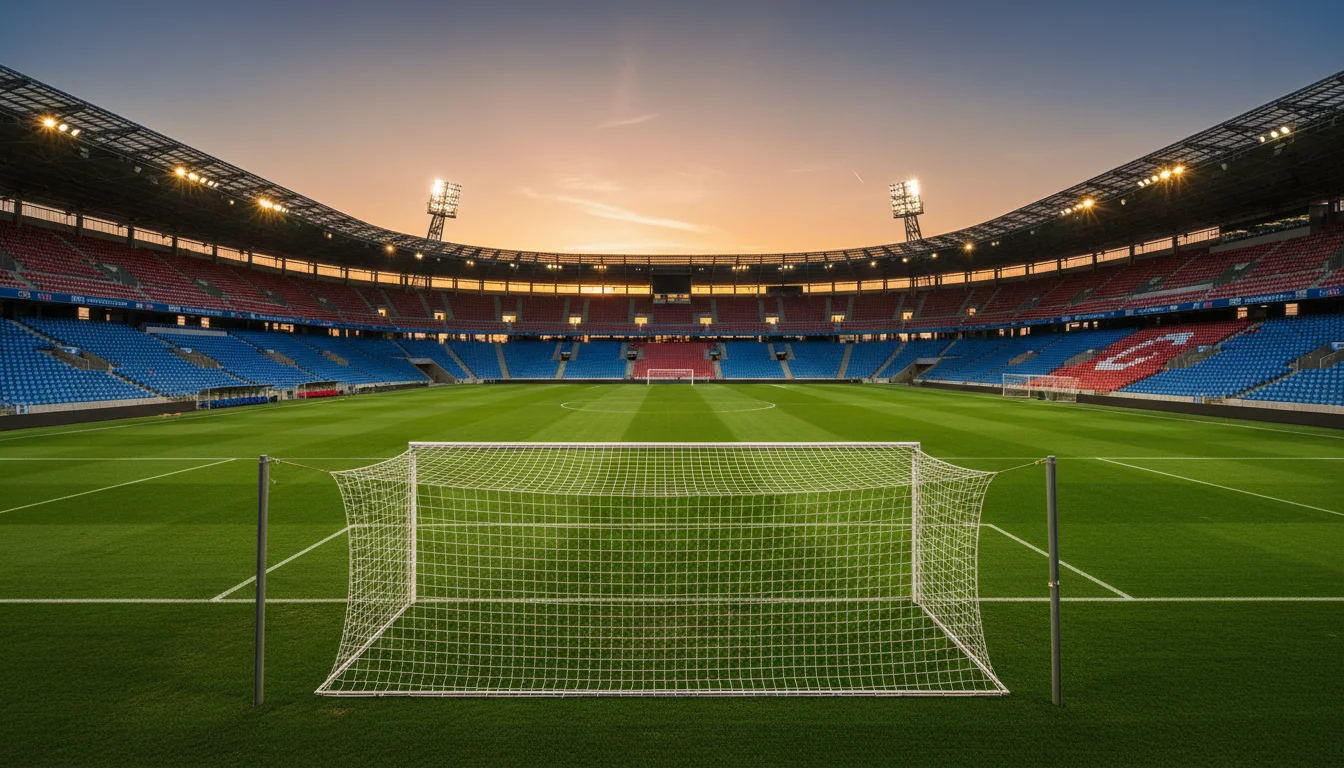 Stade de football éclairé en soirée avec pelouse verte et tribunes — guide paris sportifs foot