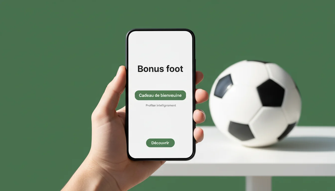 Main tenant un smartphone affichant une offre de bonus de paris sportifs avec un ballon de football