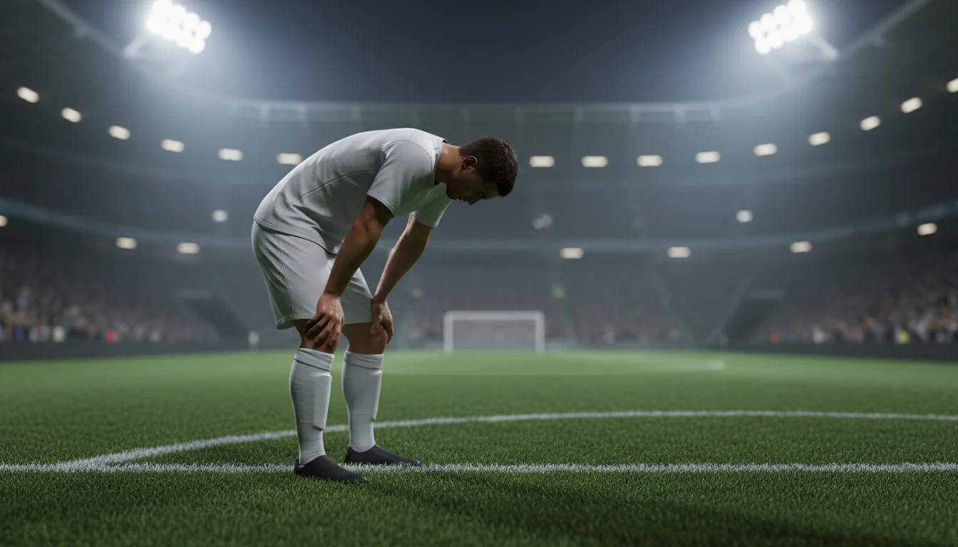 Joueur de football fatigué s'étirant sur la pelouse après un effort intense