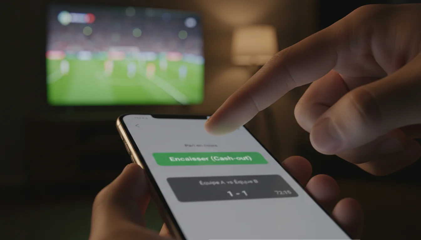 Doigt hésitant au-dessus d'un bouton sur un écran de smartphone pendant un match de football