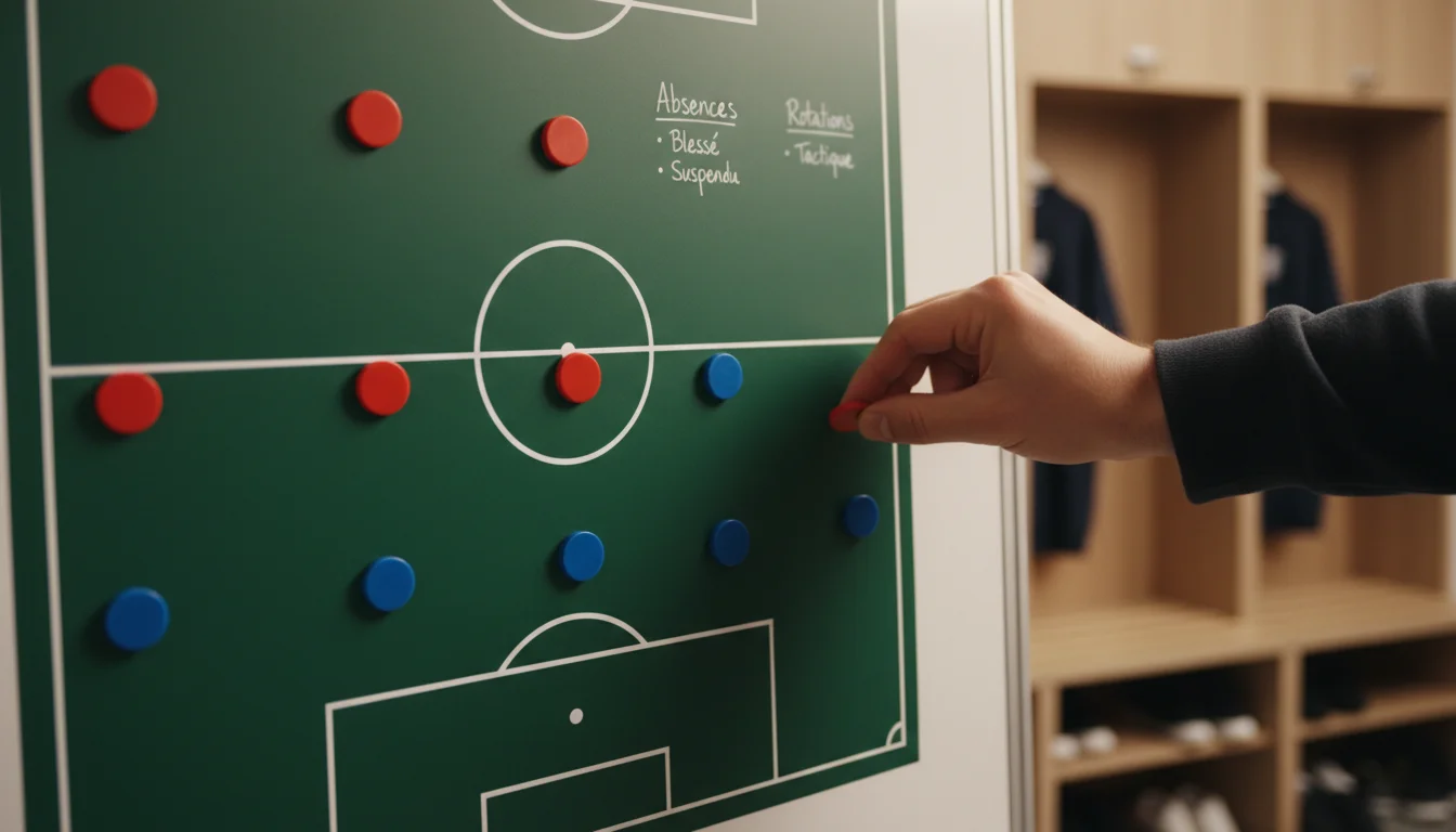 Tableau tactique de football avec des aimants représentant les positions des joueurs sur le terrain