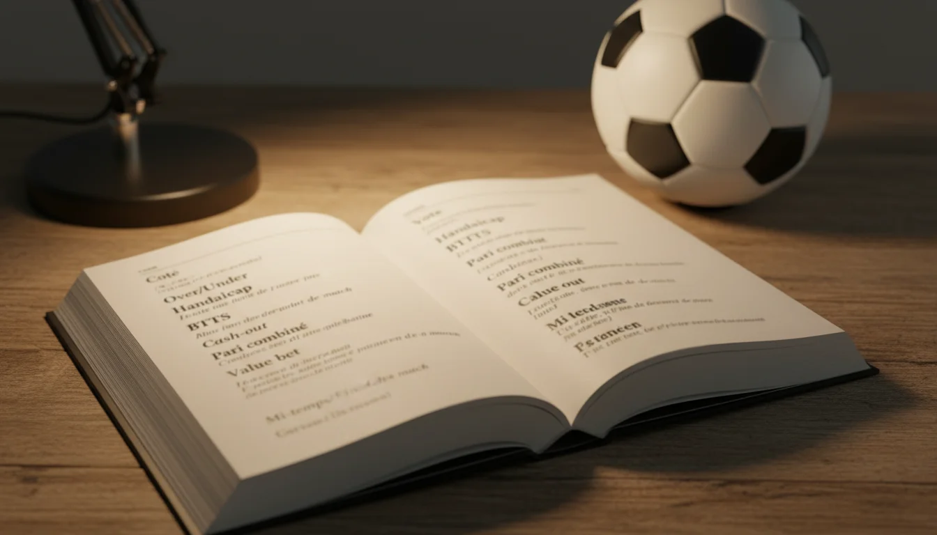 Livre ouvert avec un glossaire de termes de paris sportifs à côté d'un ballon de football