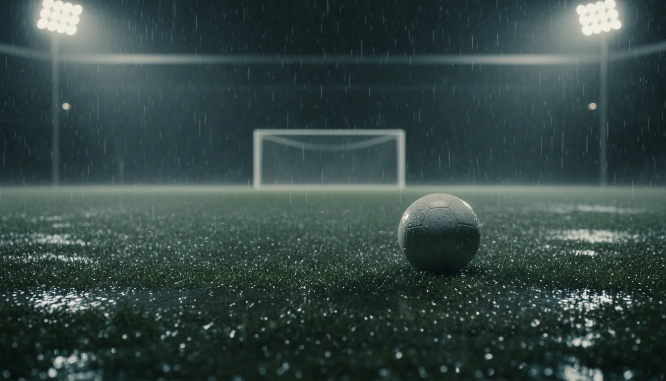 Terrain de football sous la pluie avec reflets d'eau sur la pelouse lors d'un match