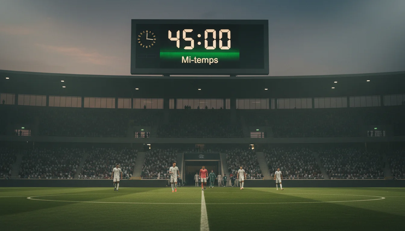 Horloge de stade de football montrant la mi-temps avec le terrain en arrière-plan