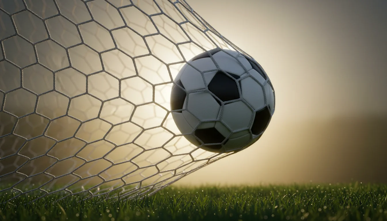 Ballon de football franchissant la ligne de but dans un filet avec lumière dramatique