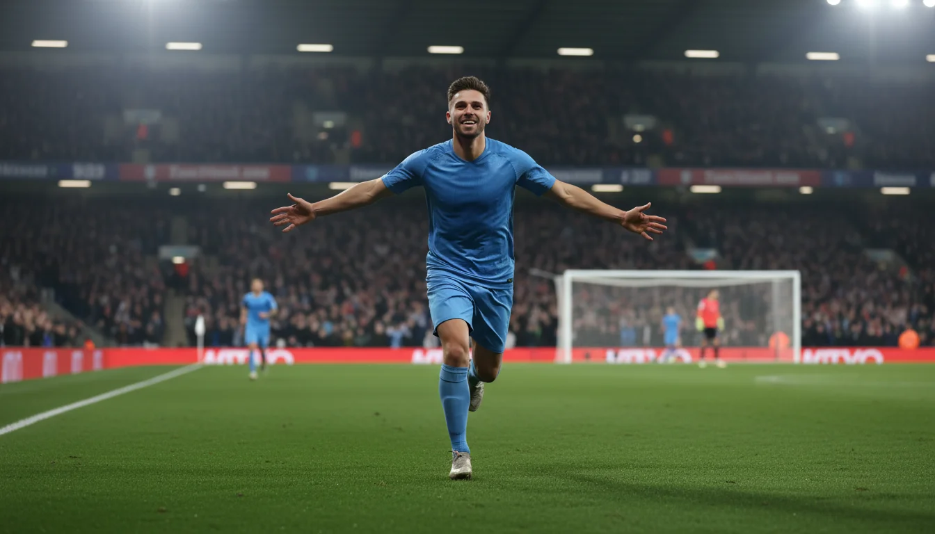 Joueur de football célébrant un but devant les supporters dans un stade