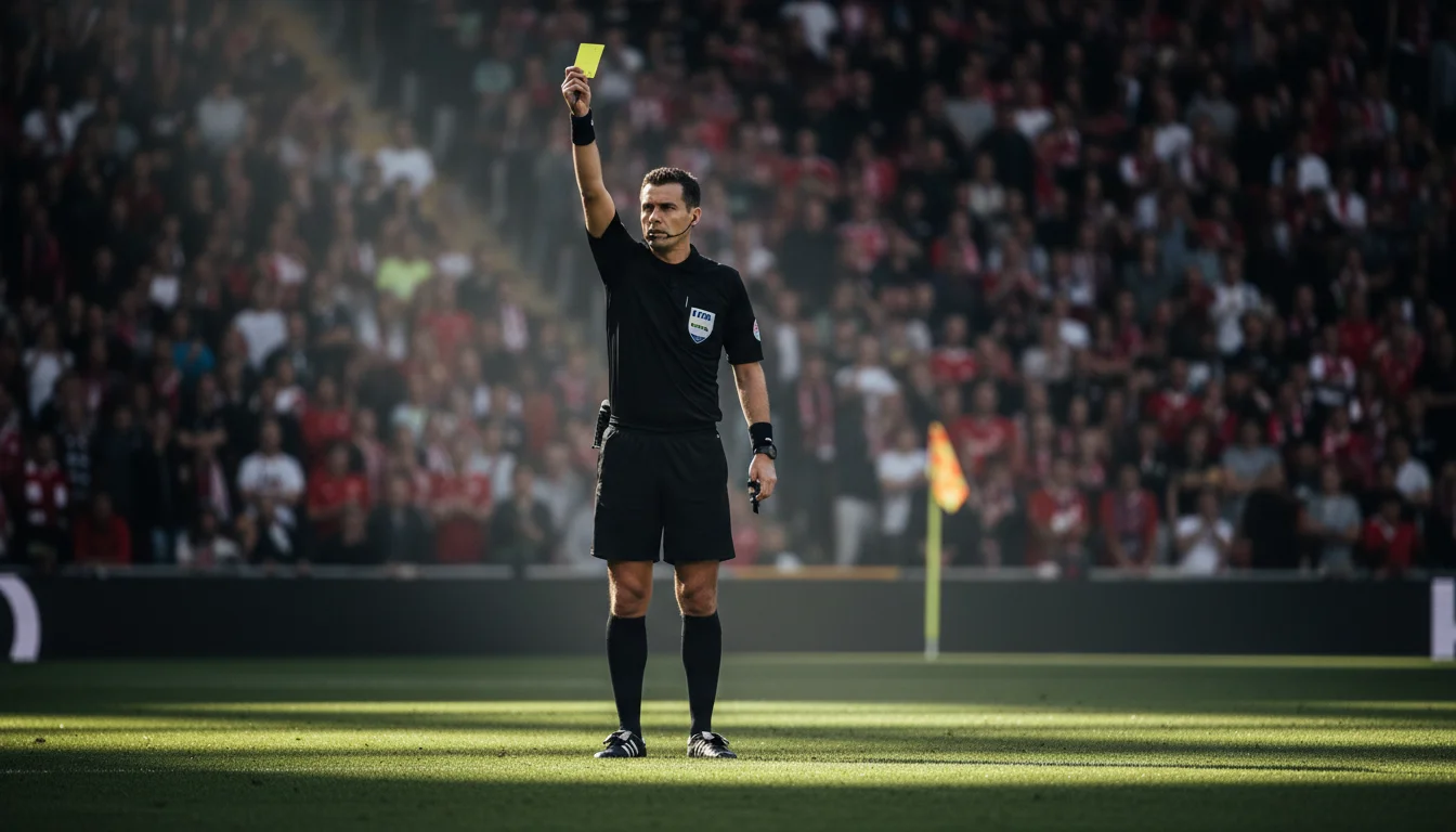 Arbitre de football montrant un carton jaune lors d'un match avec le corner flag visible