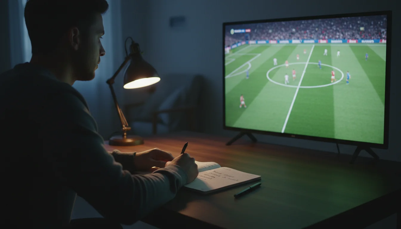 Personne concentrée regardant un match de football en direct sur un écran avec des notes d'analyse