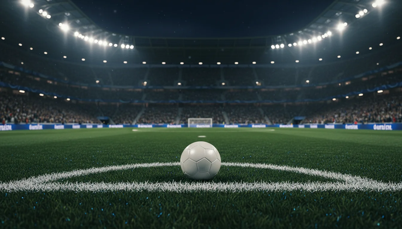 Terrain de football européen éclairé pour un match de Ligue des Champions en soirée