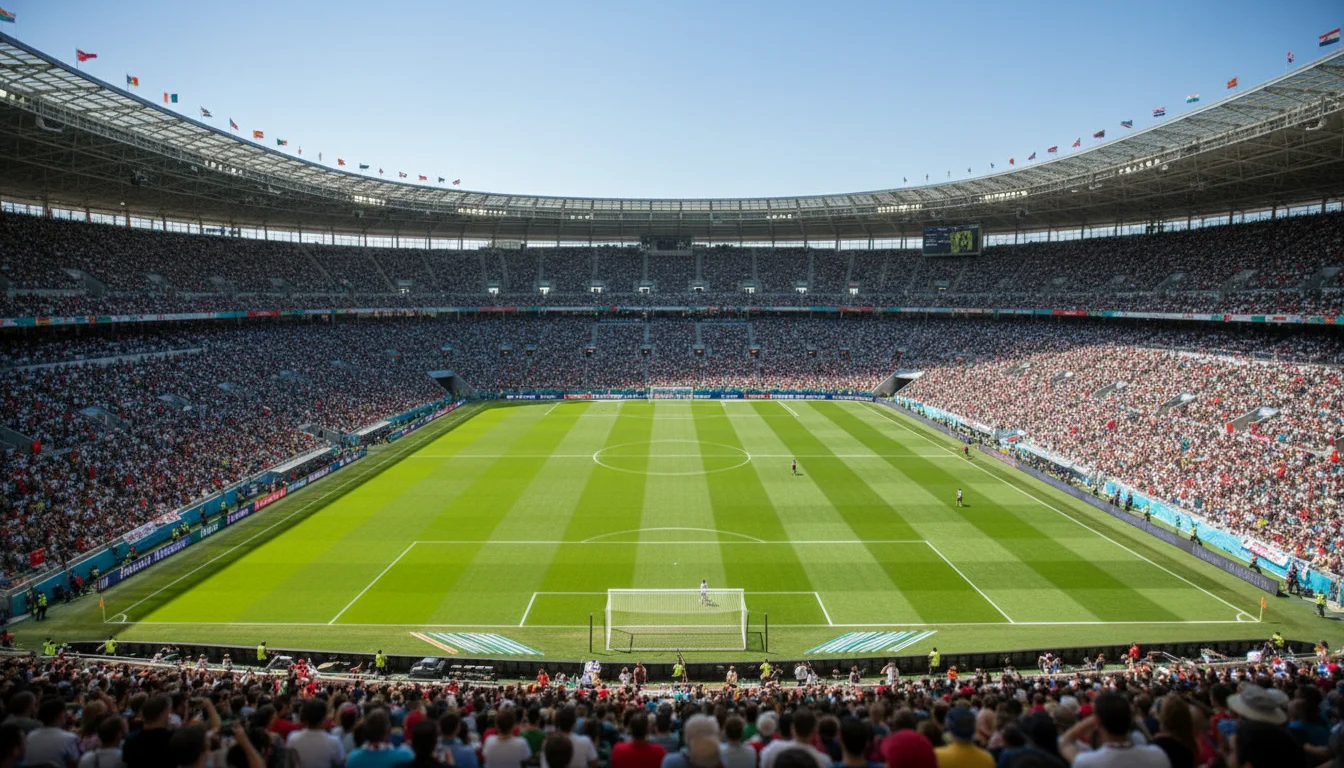 Stade de football international lors d'une Coupe du Monde avec drapeaux de nations