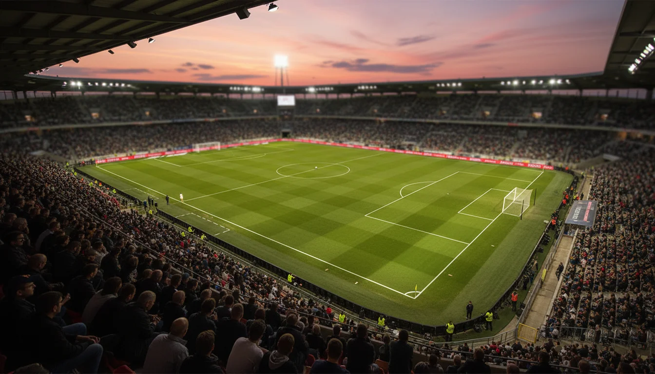 Stade de football français lors d'un match de Ligue 1 avec pelouse verte et tribunes remplies de supporters