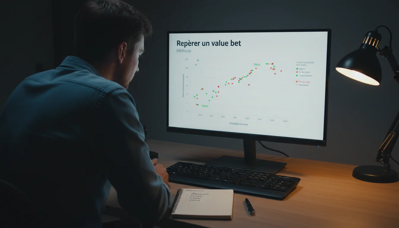 Personne étudiant des données de cotes sur un écran pour identifier un value bet football